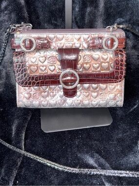 Vintage Brighton Heart Brown Genuine Leather Croc Embossed Wallet Org Crossbody
